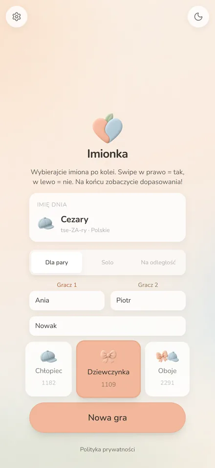 Ekran startowy: gra we dwoje na jednym telefonie albo na odległość